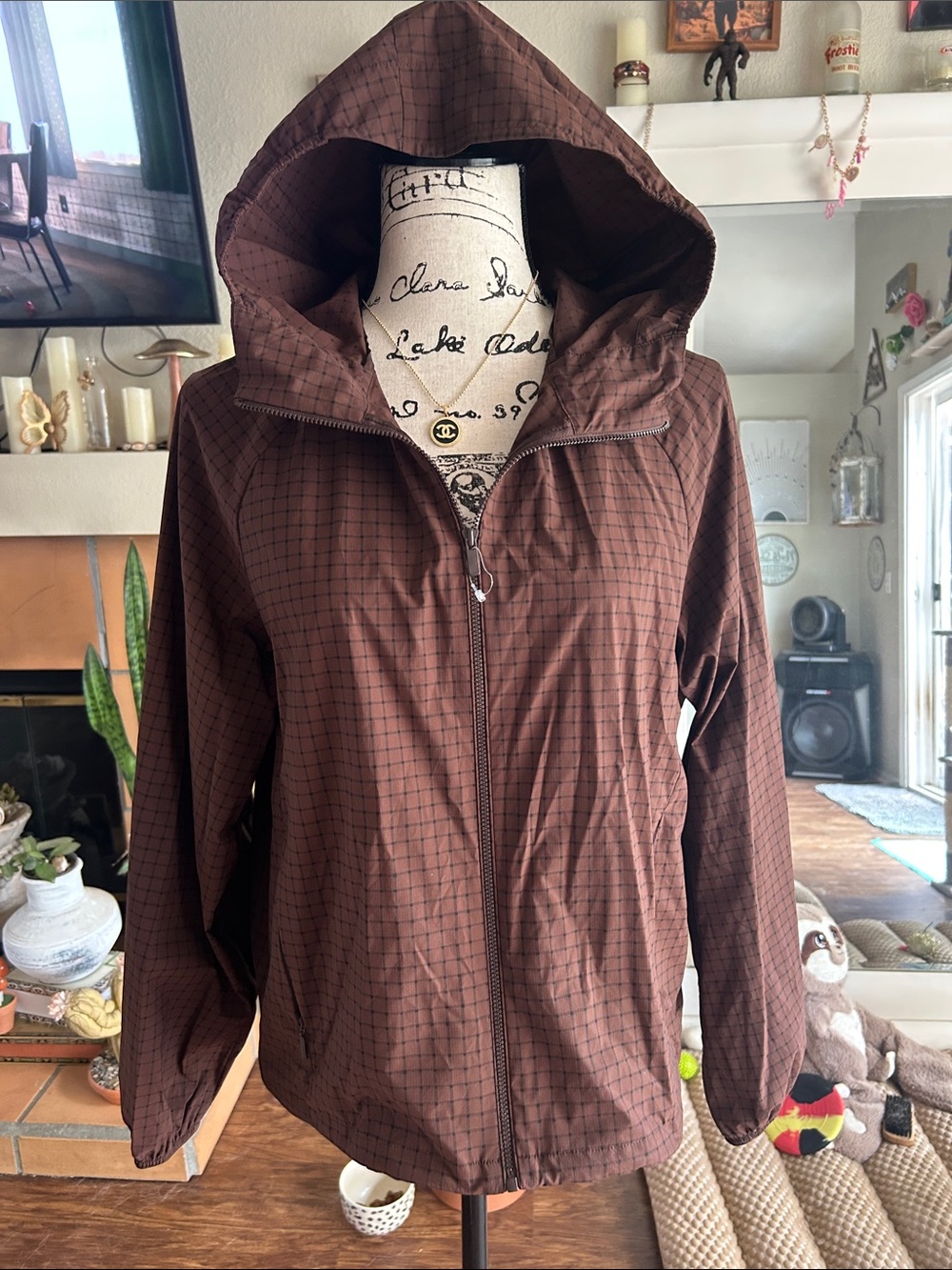 Uniqlo Brown Hooded Utility Jacket with Subtle Grid